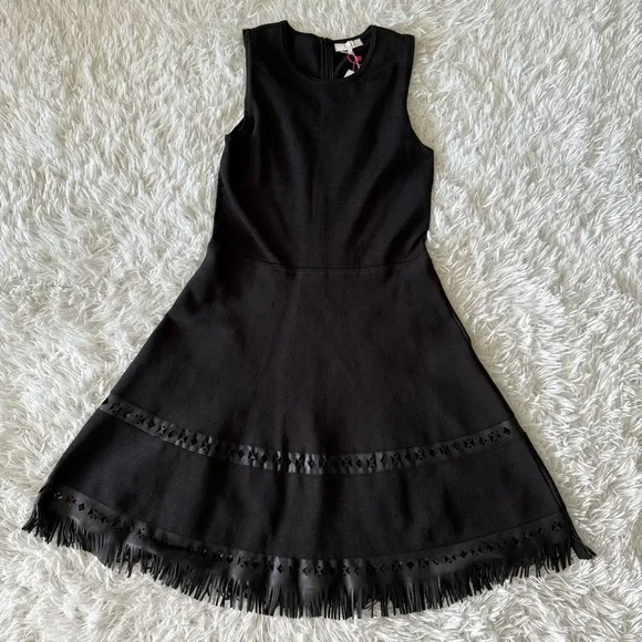 NWT Parker Black Fit and Flare Sweater Knit Dress with Fringe Hem Size M